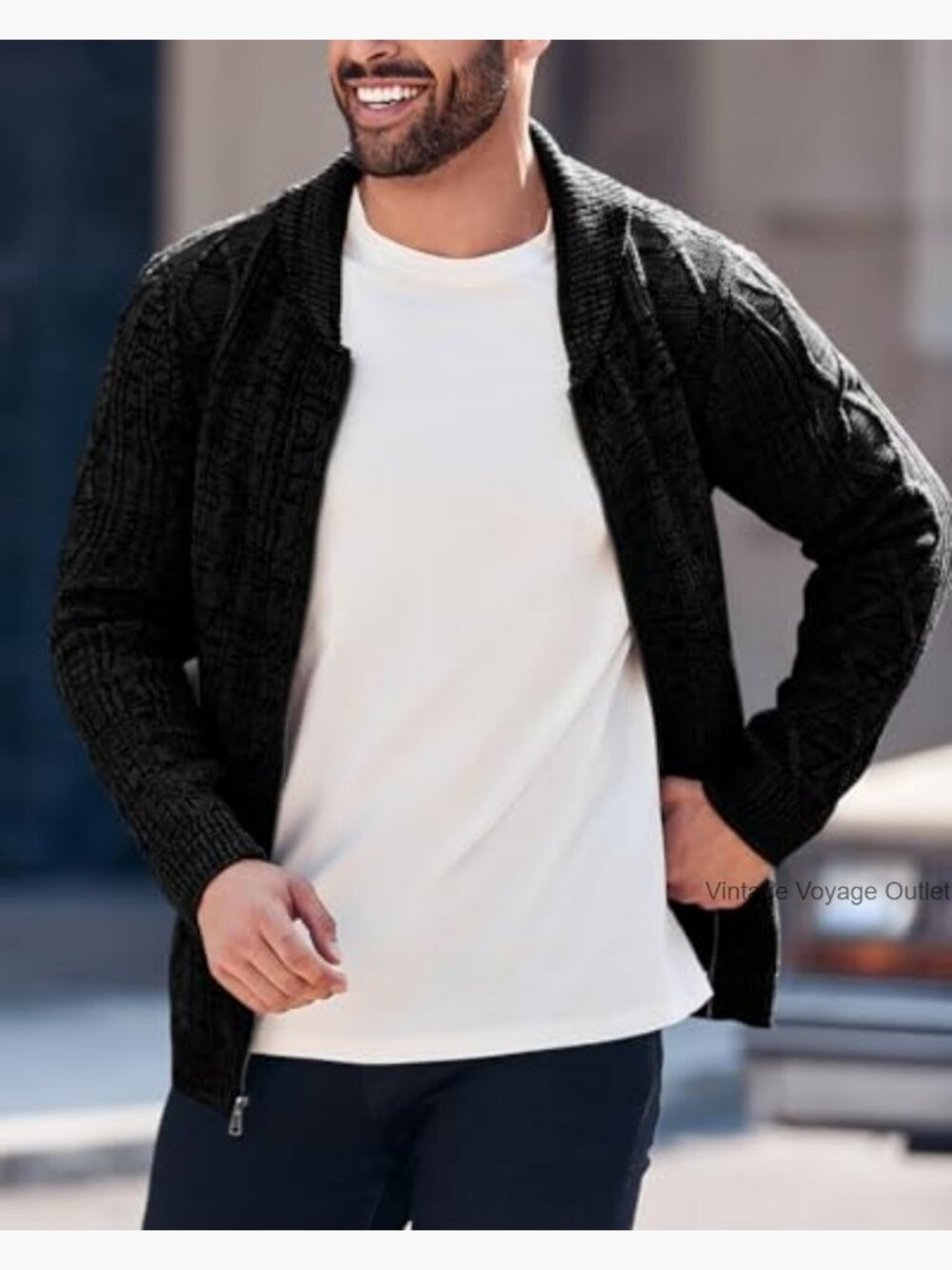 Men's Cable Knit Shawl Neck Cardigan Sweater with Pockets - Picture 3 of 7